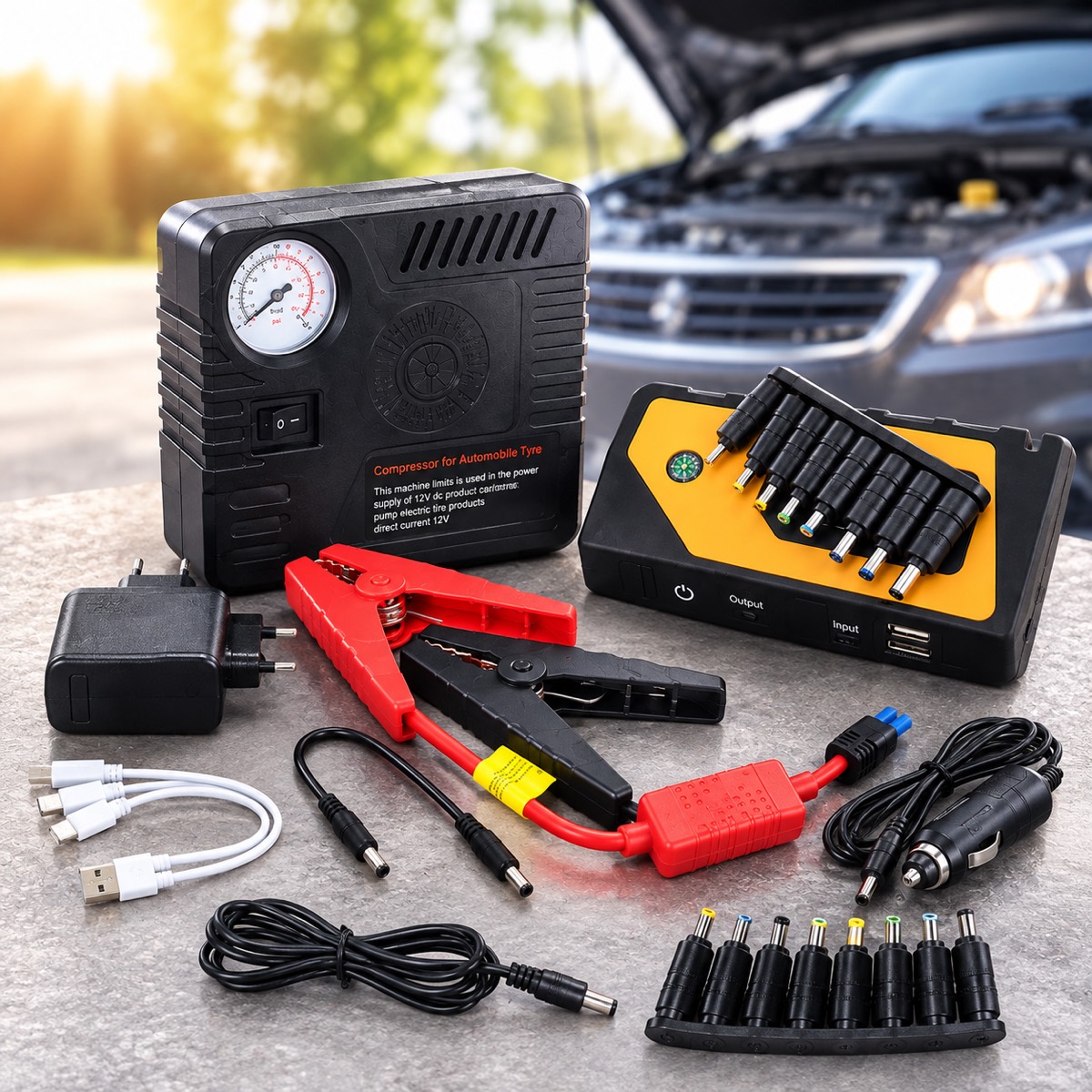 Автомобільний пускозарядний пристрій Jump Starter 9980 мАг з компресором у кейсі — фото 1